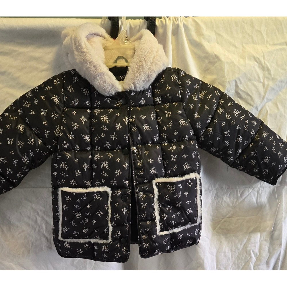 Jessica Simpson Girls Black Floral Puffer Jacket Faux Fur Hood Bear Ears 4T